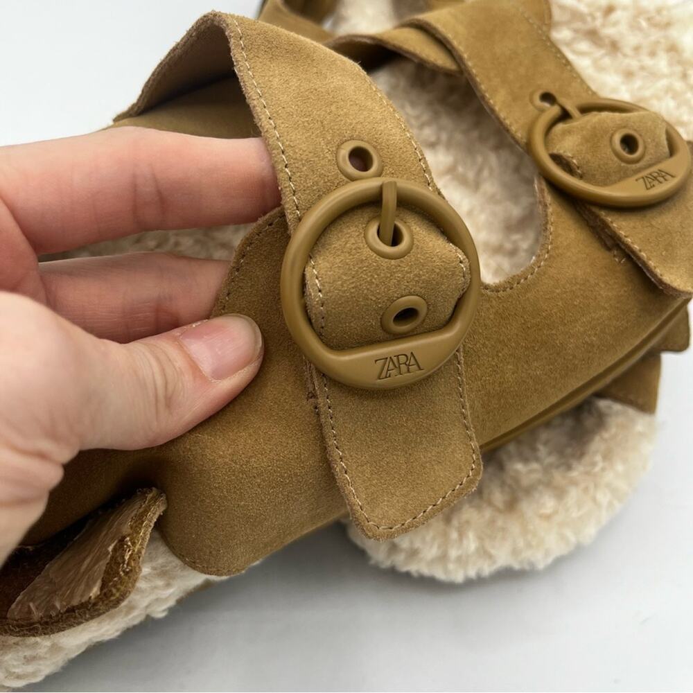 NWT Zara Leather Shearling Buckle Sling Back Flat Sandal Slipper Brown Cream 39 - Picture 5 of 8